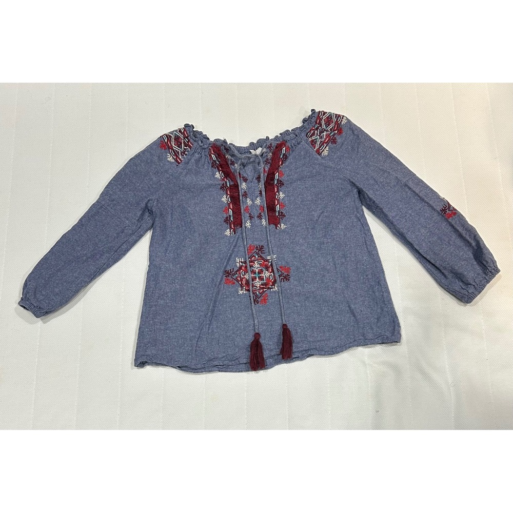 THML Womens XS Blue Embroidered‎ Peasant Blouse Long Sleeve Tassels Boho